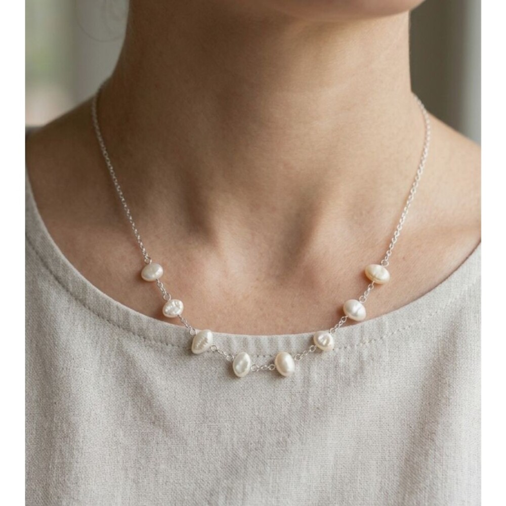 Vtg Sterling Silver 925 Freshwater Baroque Pearl Station Necklace Signed M/C